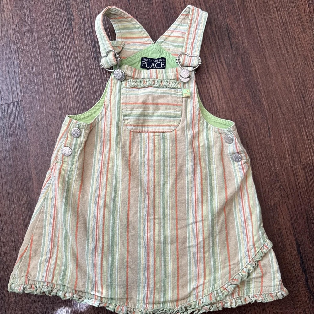 VTG The Children Place‎ Overall Dress Lime Green Denim Striped Y2K Dress Jumper